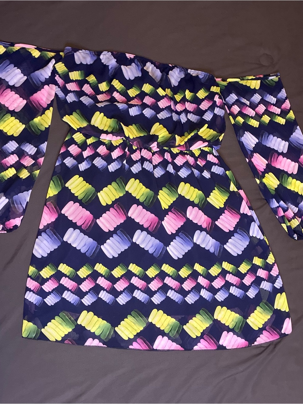 Girls' Navy Off-Shoulder Dress with Pink & Yellow Print